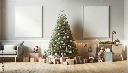 Christmas Living Room with Tree and Gifts, Wall Poster Frame Mockup in Scandinavian Style