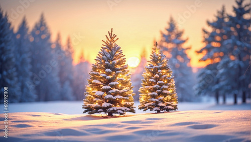Snow Covered Pine Trees in a Snowy Forest at Dawn. Defocused forest in the background. Christmas tree. AI Generated © Andres Serna