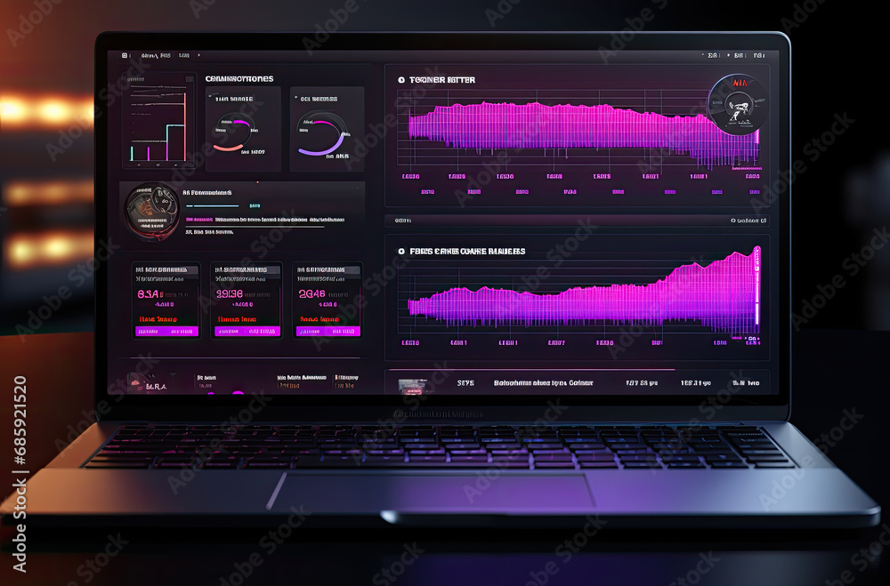 Laptop Displaying an Array of Dynamic Charts and Graphs, Symbolizing the Intersection of Business, Technology, and Finance in the Modern Digital Landscape Laptop Displaying an Array of Dynamic Charts and Graphs, Symbolizing the Intersection of Business, Technology, and Finance in the Modern Digital Landscape