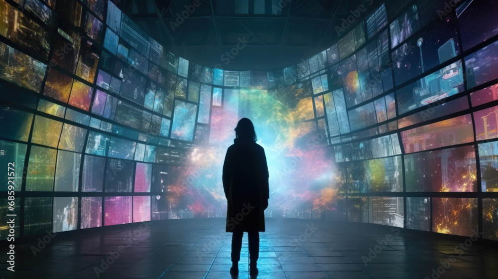 Silhouette of a person standing in front of technology screens. Concept of Digital Immersion, Information Overload, and the Technological Abyss.