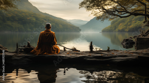 a monk sits by the water and meditates © Vincent