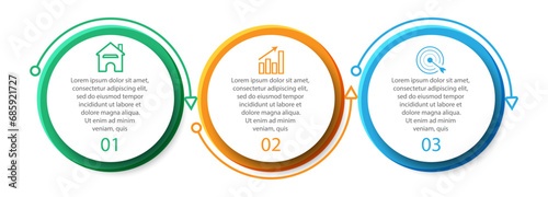 three step or part infographic vector design, simple with color lines, circles, icons, text and numbers can be used as a flow diagram, brochure, banner or presentation for your business