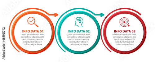 three step or part infographic vector design, simple with color lines, circles, icons, text and numbers can be used as a flow diagram, brochure, banner or presentation for your business