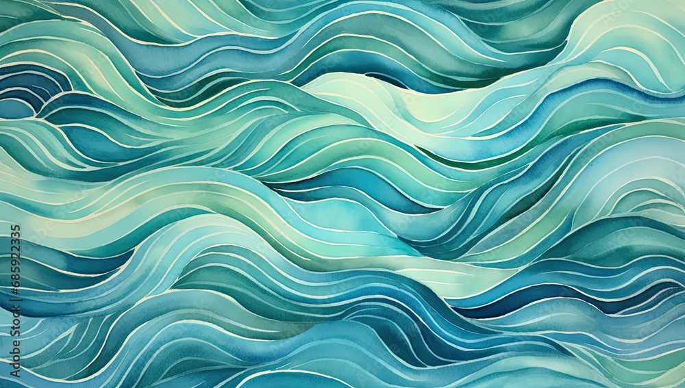 Abstract blue and green wavy ocean watercolor background. 