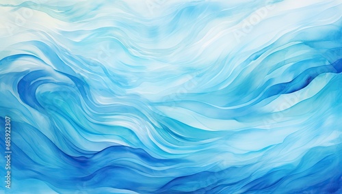 Abstract blue wavy ocean watercolor background. 