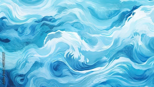 Abstract blue wavy ocean watercolor background. 