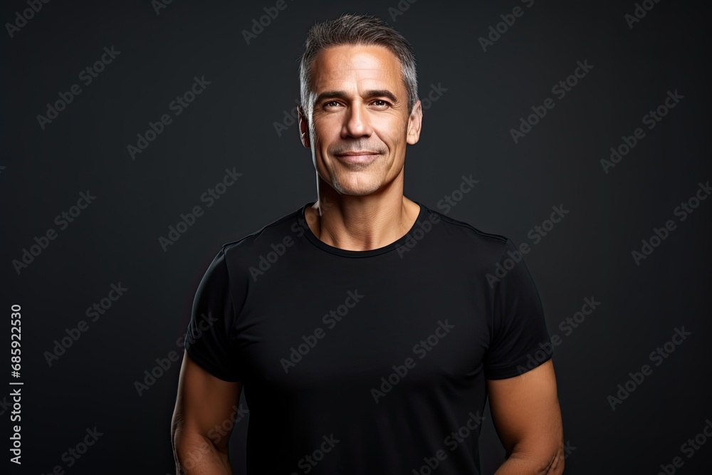 Handsome middle-aged man standing in front of a dark background wall.