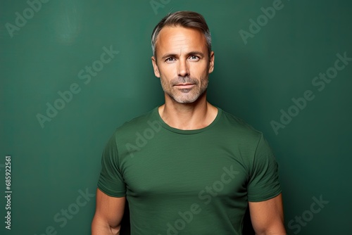 Handsome middle-aged man standing in front of a green background wall.