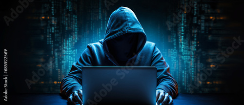 hacker man with his laptop about to hack and commit a cyber crime photo