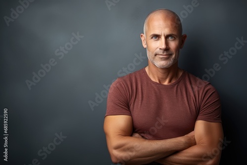 Handsome middle-aged man standing in front of a grey background wall.