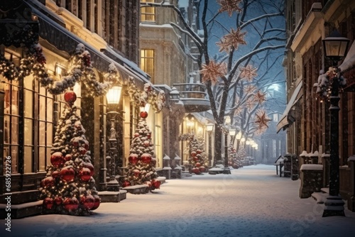 street covered in snow decorated for christmas with christmas trees and baubles, lights from lamp posts in winter