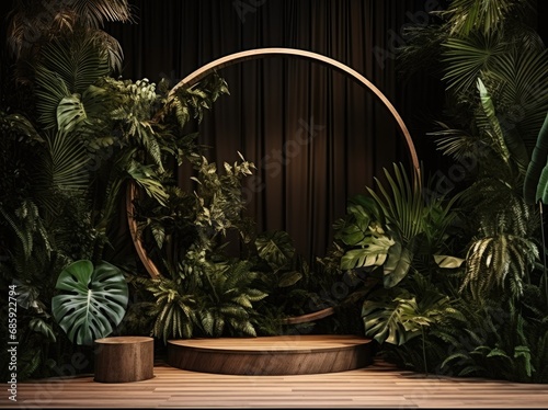 Wooden podium in a tropical jungle environment.