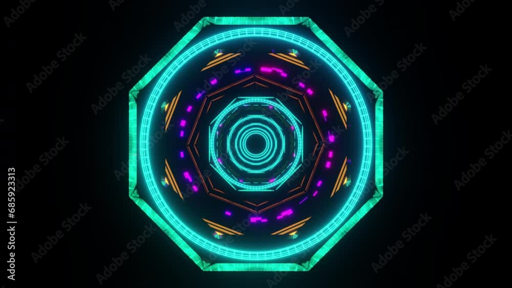 Abstract technological HUD gateway to cyberspace sparkles with colorful flares vj loop 3D render. Traveling in outer space. Pattern for disco, night club, music festival, kaleidoscope