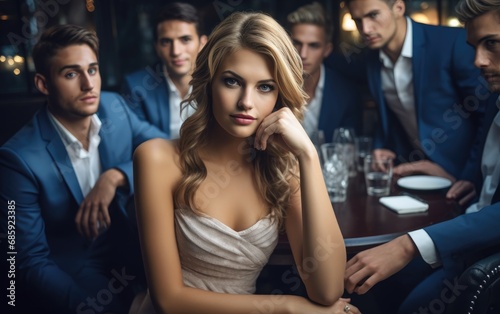 Fototapeta Beautiful woman sitting in diamond's dress in a restaurant surrounded by success