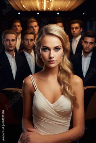 Beautiful woman sitting in diamond's dress in a restaurant surrounded by successful men