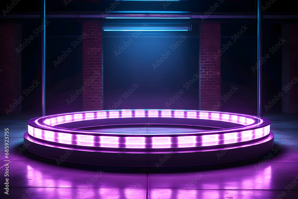 Futuristic neon stage with glowing purple lights and illuminated floor in a dark environment, suitable for product display or presentations.