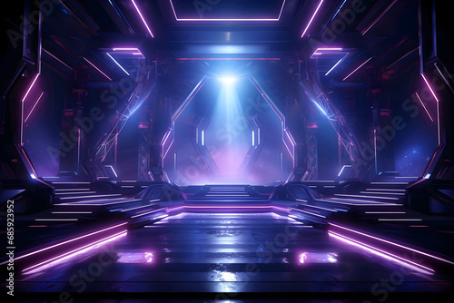 Futuristic neon-lit corridor with glowing purple and blue lights leading to a bright doorway.