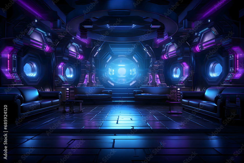 Futuristic sci-fi stage with neon lights and reflective floor, leading to a bright portal. - obrazy, fototapety, plakaty 