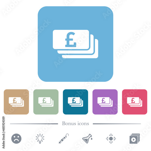 Pound banknotes flat icons on color rounded square backgrounds