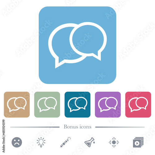 Two oval chat bubbles outline flat icons on color rounded square backgrounds