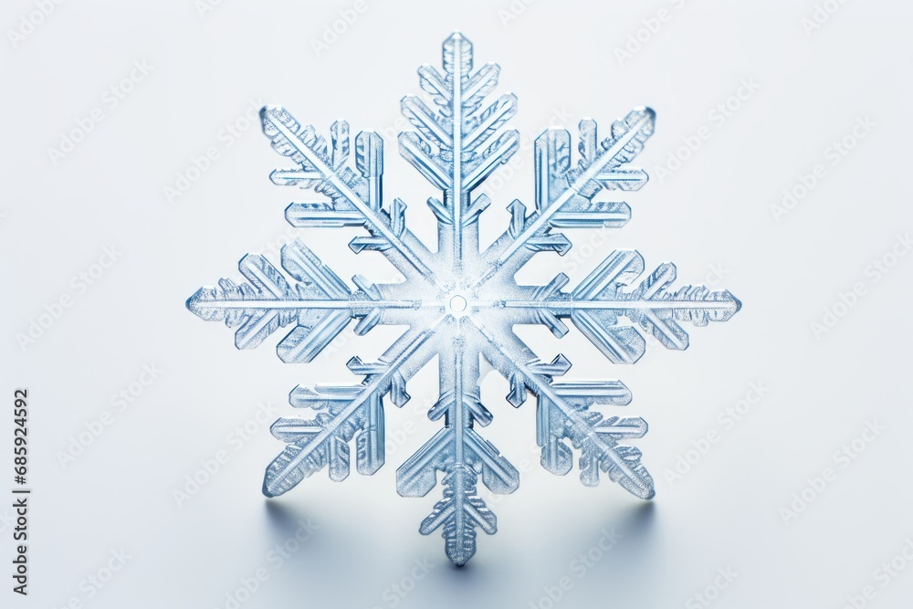 Macro photograph of a perfect snowflake on a white background