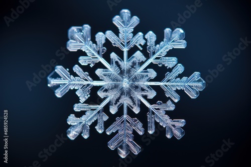 Macro photograph of a perfect snowflake on a blue background.