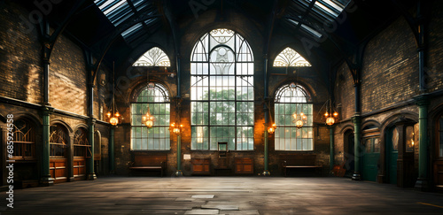 Vintage industrial interior with large windows and symmetrical architecture  suitable for background or concept.