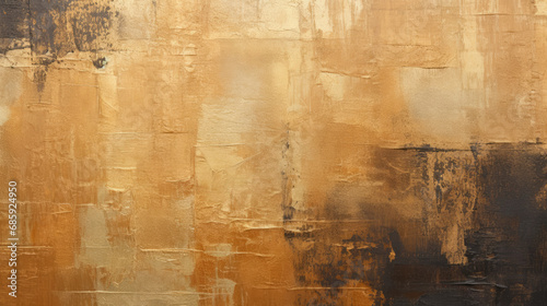 A detailed close-up of an abstract art texture in dark gold and black, featuring oil and acrylic brushstrokes, palette knife, and geometric spatula techniques with rectangles on canvas. photo