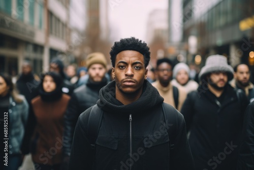 Serious black male activist protesting outdoors with group of demonstrators in the background. photo