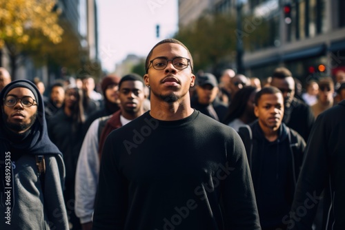 Foto Serious black male activist protesting outdoors with group of demonstrators in the background