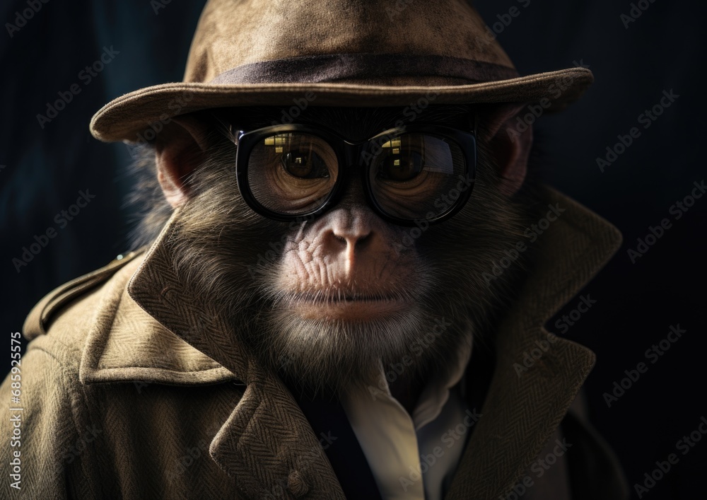 A smart monkey wearing a hat and glasses. Generative AI.