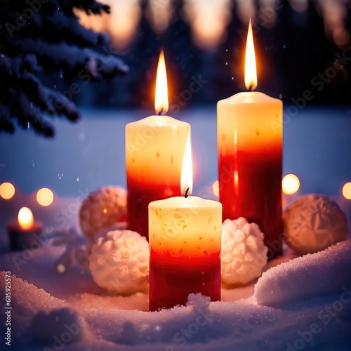 Christmas candles burning outdoors in the snow  traditional seasonal cultural festivities