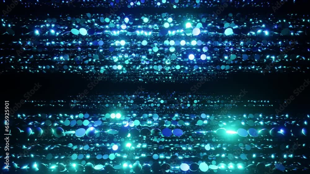 Cyan spherical particles awards overlay loop background 3d render. The luxurious cyan particles keep moving forward, the golden dots flickering, perfect for awards, weddings, movies and openers
