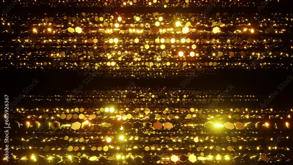 Golden hexagonal particles awards overlay loop background 3d render. The luxurious gold particles keep moving forward, the golden dots flickering, perfect for awards, weddings, movies and openers