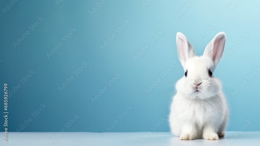Obraz premium cute animal pet rabbit or bunny white color smiling and laughing isolated with copy space for easter background, rabbit, animal, pet, cute, fur, ear, mammal, background, celebration, generate by AI