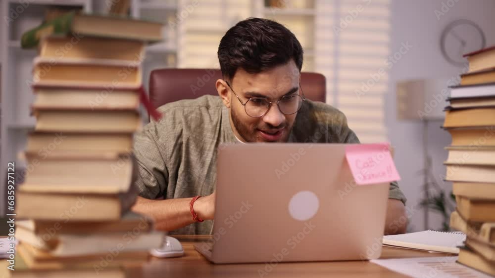 Portrait of overjoyed young handsome man student celebrate online win success reading great news message feel amazed happy on laptop computer at home Triumph Jackpot Lucky Wow concept
