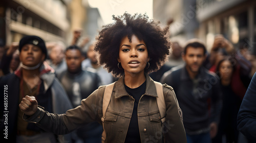 afro woman in a march, black woman in a march, afro woman in the midst of a group of people  © Gomez