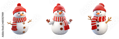 3D Snowman in a red hat and scarf isolated on a transparent background photo