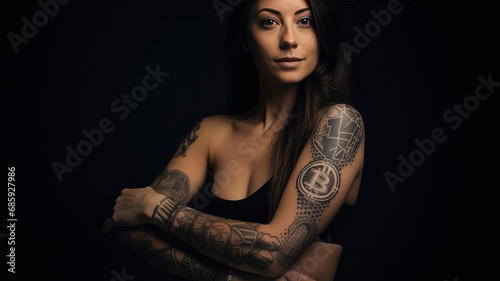 A Brunette White Woman Embellished with a Bitcoin Tattoo
