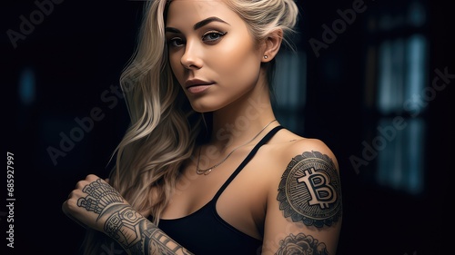 A Blonde Woman's Portrait with a Striking Bitcoin Tattoo