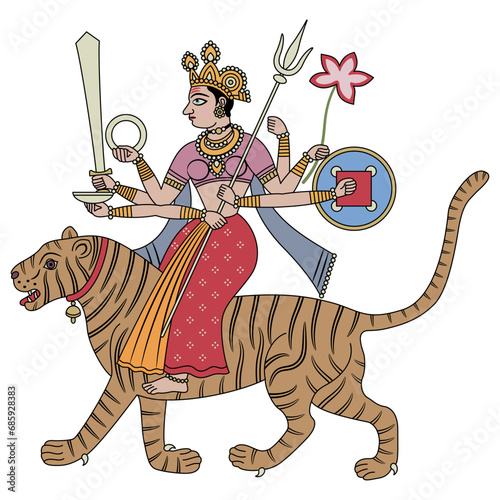 Hindu warrior goddess Durga riding a tiger. Traditional style ethnic Indian design. Isolated vector illustration.