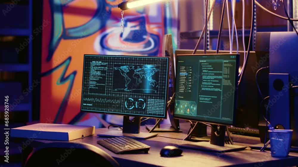 High tech computer system in hidden underground base used for international espionage. PC equipment used for intercepting soundwaves in empty hideout with graffiti painted walls