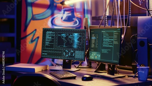 High tech computer system in hidden underground base used for international espionage. PC equipment used for intercepting soundwaves in empty hideout with graffiti painted walls photo