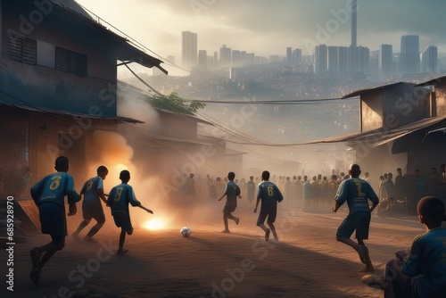 Homens jovens jogam futebol em campo de terra batida  em uma favela.