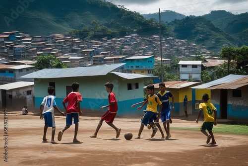 Meninos jogam futebol em campo de terra batida em um bairro de baixa renda. photo