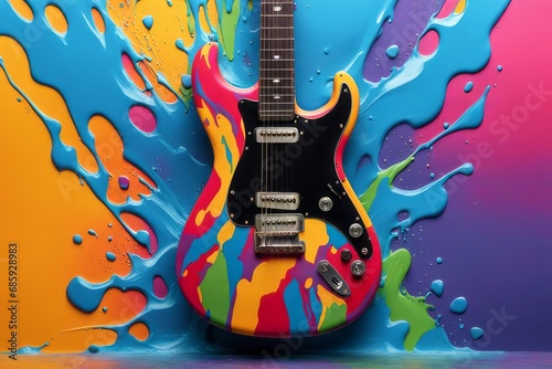Guitarra colorida, ao fundo painel com tintas de várias cores derramadas. (gerado com ia) photo