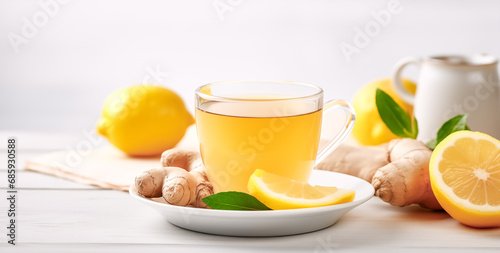 Cup of healthy ginger tea with mint leaves and lemon. Space for your text