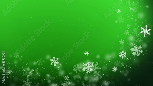 Festive New Year green background with curved frame of white flying snowflakes. Looped Christmas animation.