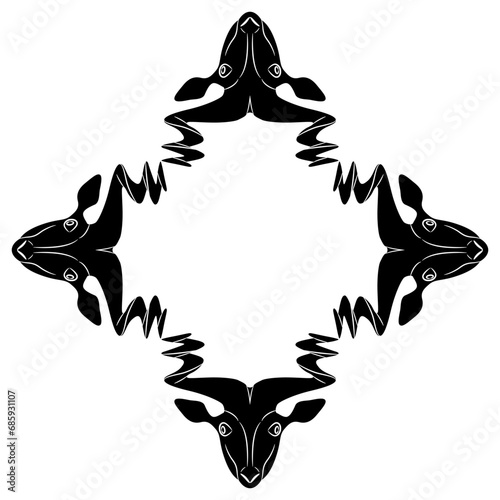 Square rhombus shape animal frame with four heads of goat or antelope with twisted horns. Ancient Sumerian sculpture. Black and white silhouette.