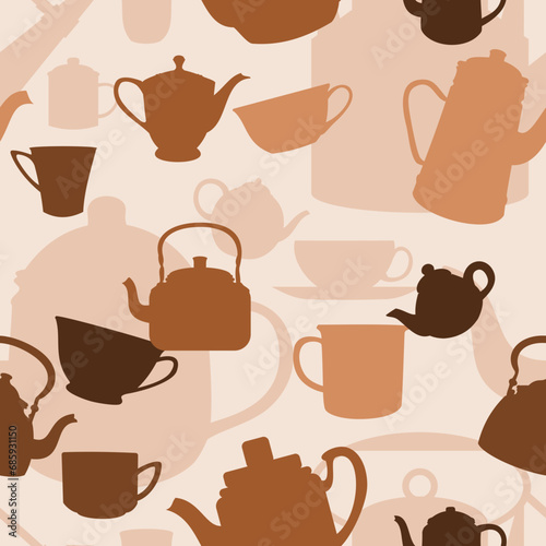 Editable Vector of Flat Monochrome Style Traditional Coffee or Tea Cups and Pots Illustration Icons Seamless Pattern for Creating Background and Decorative Element of Beverage Related Design